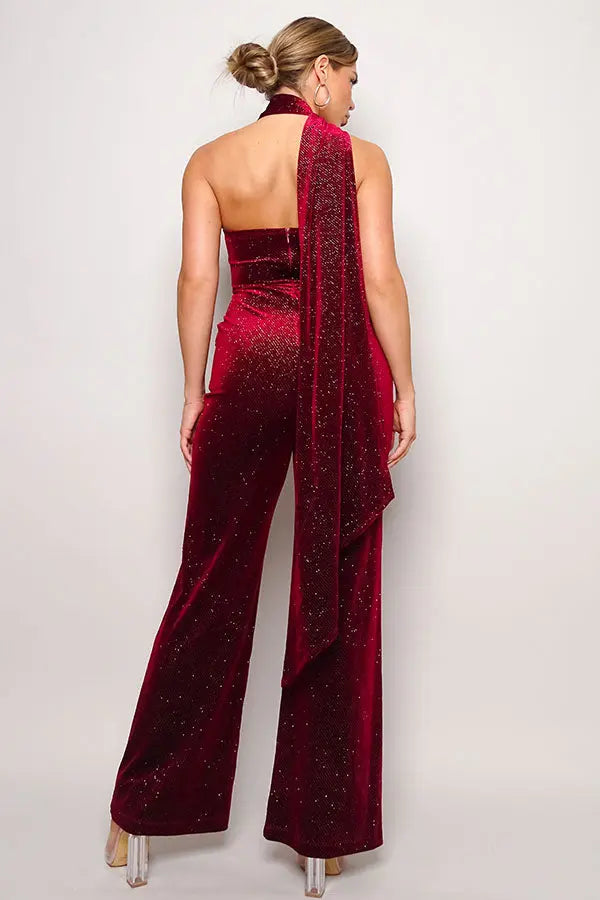 Scarf Top Glitter Velvet Jumpsuit - Image #5