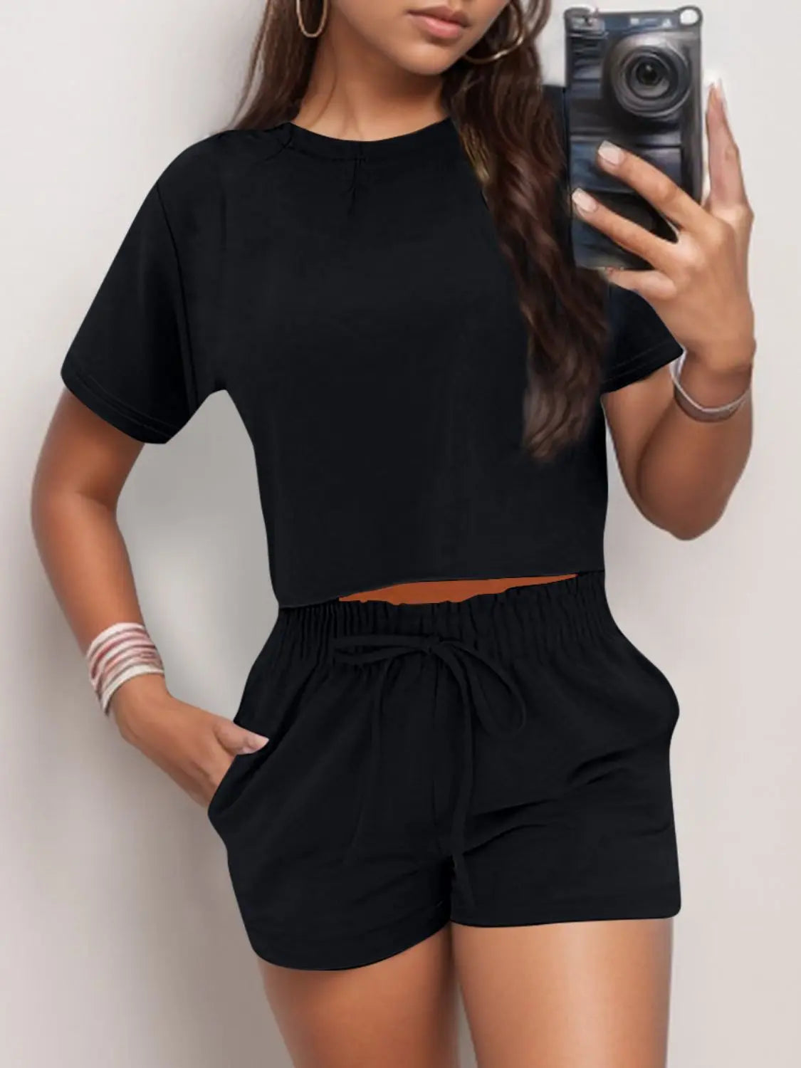 Full Size Round Neck Short Sleeve Top and Shorts Set - Image #11