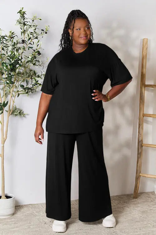 Double Take Full Size Round Neck Slit Top and Pants Set - Image #34