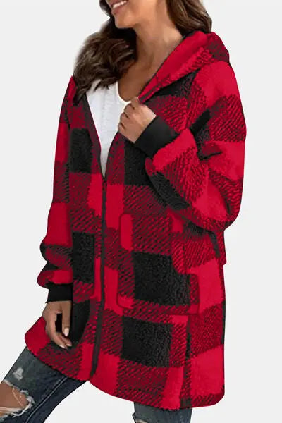 Double Take Full Size Plaid Long Sleeve Hooded Coat - Image #4