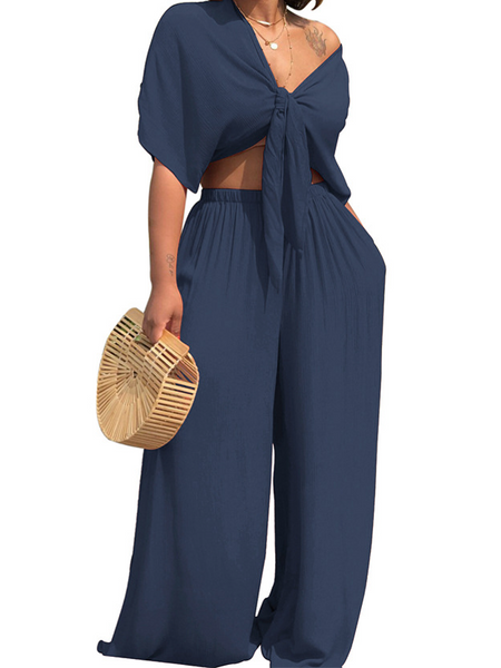 Deep V Neck Top +Wide Leg Trousers Two-piece Set HW5CRDS9CD