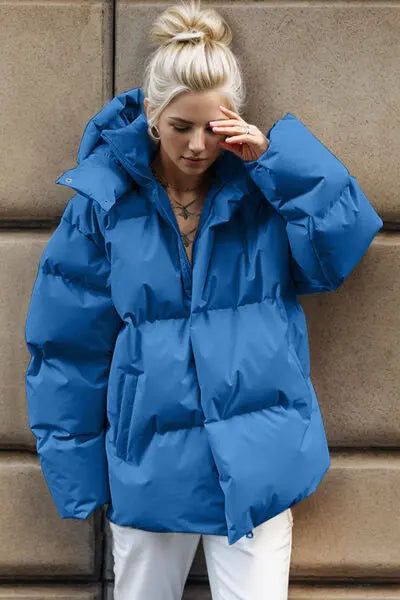 Pocketed Zip Up Hooded Puffer Jacket - Image #2