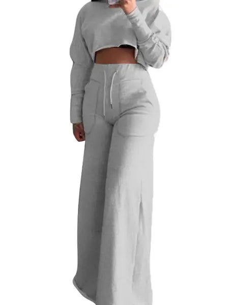 Cropped Long Sleeve Top and Wide Leg Pants 2-Pc Set - Image #1