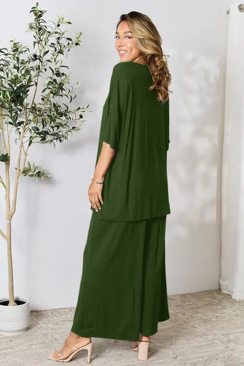 Double Take Full Size Round Neck Slit Top and Pants Set - Image #22