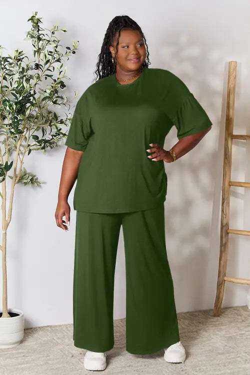 Double Take Full Size Round Neck Slit Top and Pants Set - Image #23