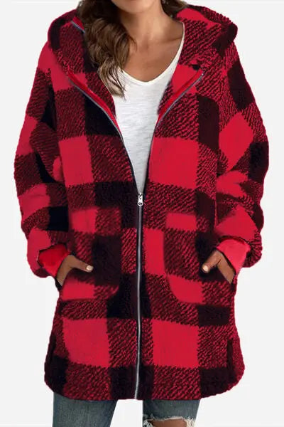 Double Take Full Size Plaid Long Sleeve Hooded Coat - Image #1