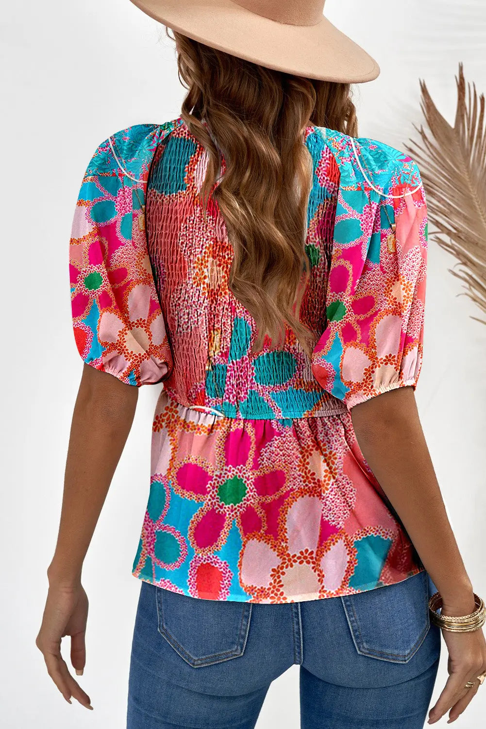 Printed V-Neck Babydoll Blouse - Image #2