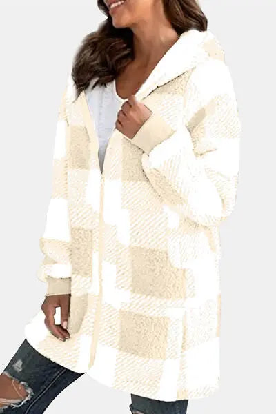 Double Take Full Size Plaid Long Sleeve Hooded Coat - Image #5