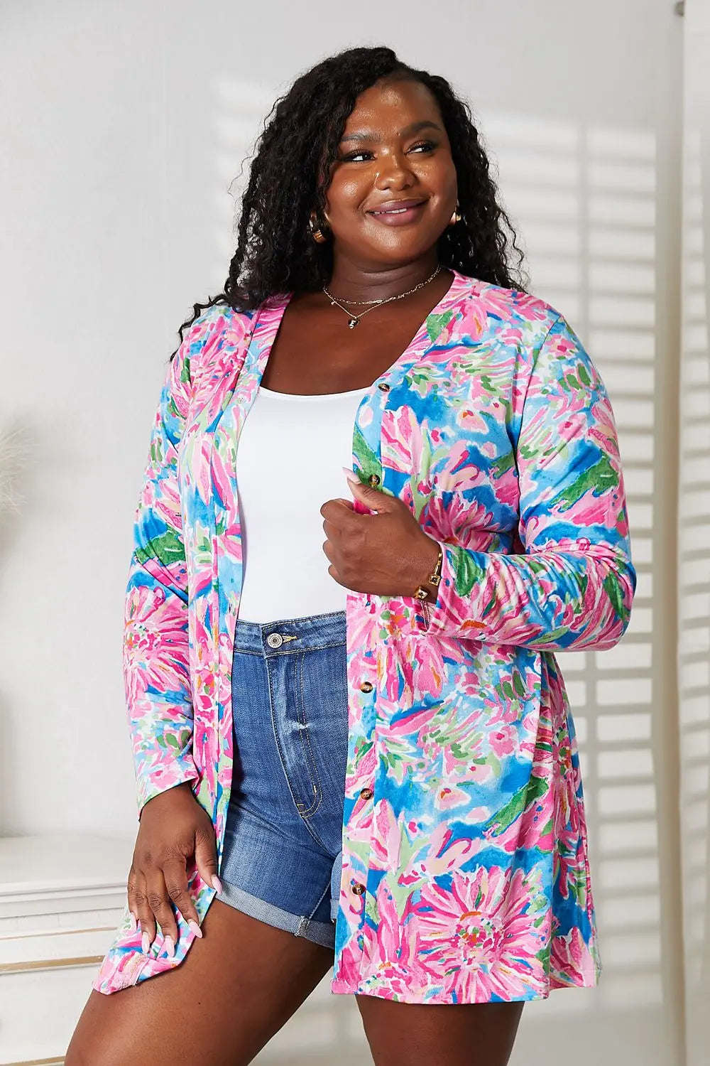 Double Take Floral Open Front Long Sleeve Cardigan - Image #4