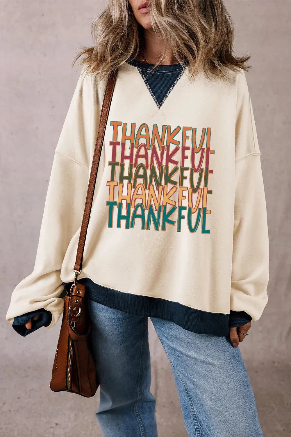 THANKFUL Round Neck Long Sleeve Sweatshirt - Image #3