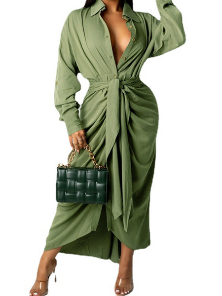Solid Color Sexy Crossover Wrapped Long Sleeve Dress