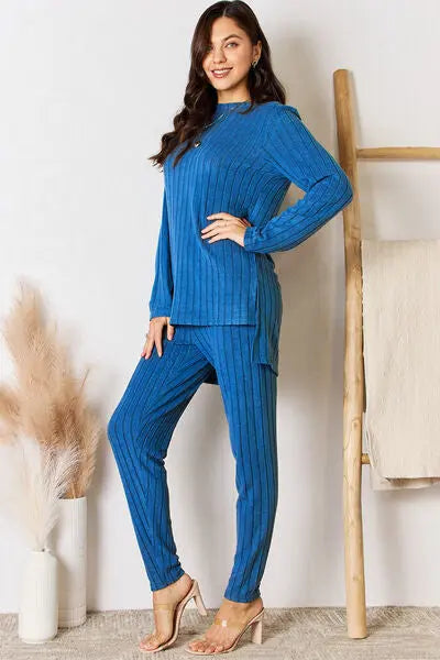 Basic Bae Full Size Ribbed Round Neck High-Low Slit Top and Pants Set - Image #11