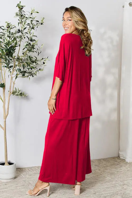 Double Take Full Size Round Neck Slit Top and Pants Set - Image #32