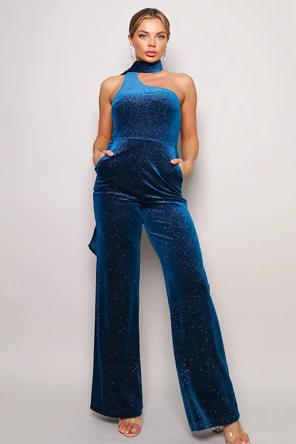 Scarf Top Glitter Velvet Jumpsuit - Image #6