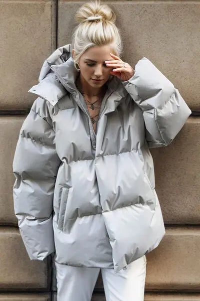Pocketed Zip Up Hooded Puffer Jacket - Image #10
