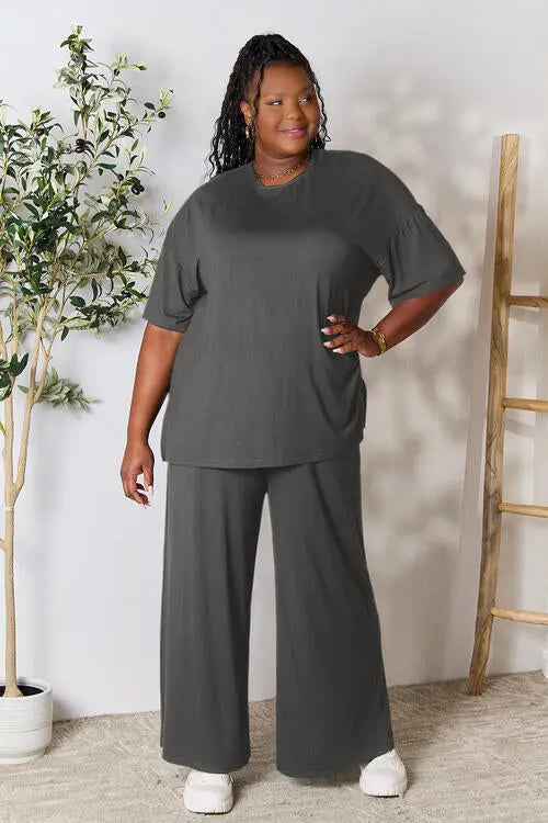 Double Take Full Size Round Neck Slit Top and Pants Set - Image #26