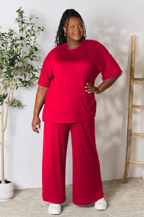 Double Take Full Size Round Neck Slit Top and Pants Set - Image #28