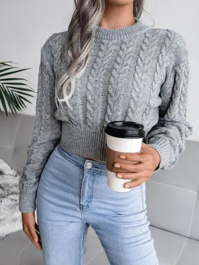 Cable-Knit Round Neck Sweater - Image #9
