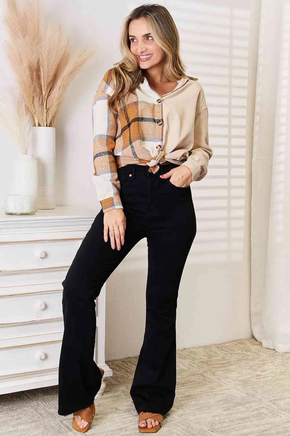 Double Take Plaid Print Dropped Shoulder Shirt - Image #9