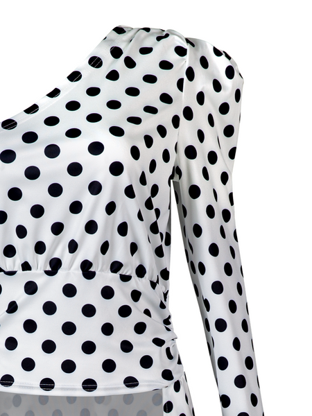 Slant-Shoulders Polka-Dot Long Top