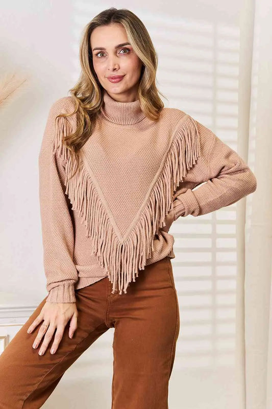 Woven Right Turtleneck Fringe Front Long Sleeve Sweater - Image #1