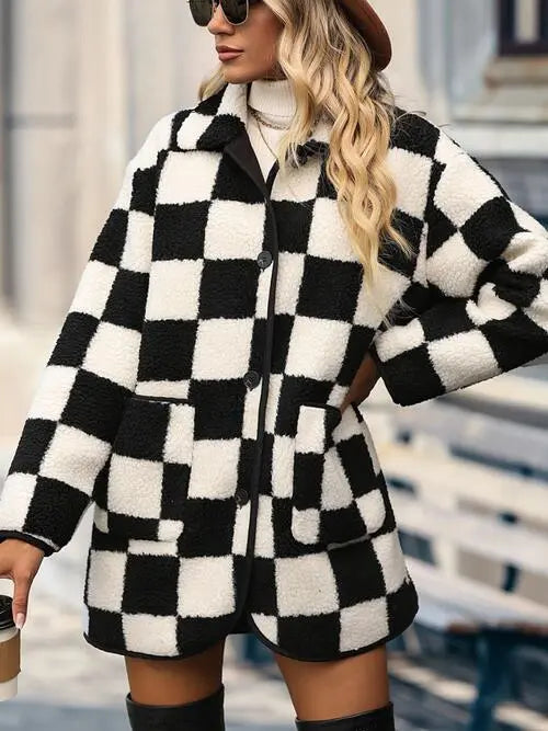 Double Take Full Size Checkered Button Front Coat with Pockets - Image #5