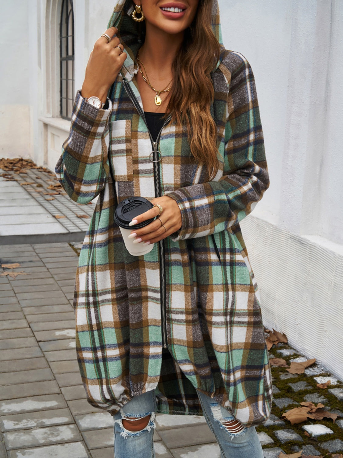 Plaid Zip Up Hooded Coat