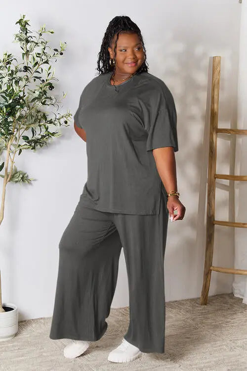 Double Take Full Size Round Neck Slit Top and Pants Set - Image #16