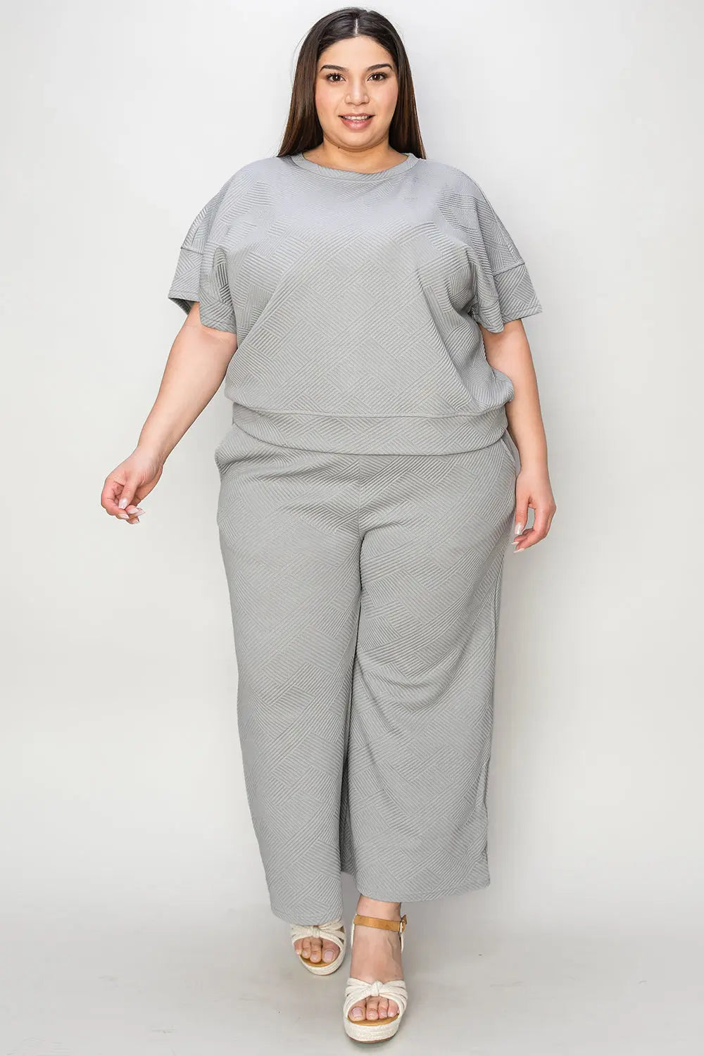 Double Take Full Size Texture Short Sleeve Top and Pants Set - Image #25