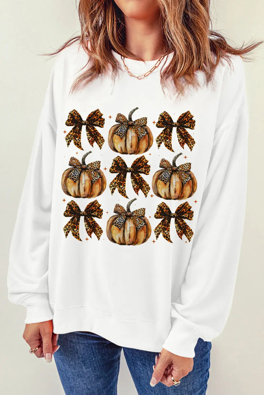 Pumpkin & Bow Graphic Long Sleeve Sweatshirt - Image #1