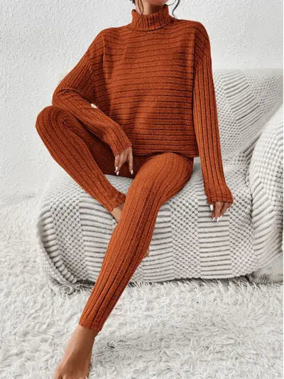 Ribbed Turtleneck Top and Pants Set - Image #5