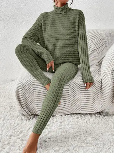 Ribbed Turtleneck Top and Pants Set - Image #10