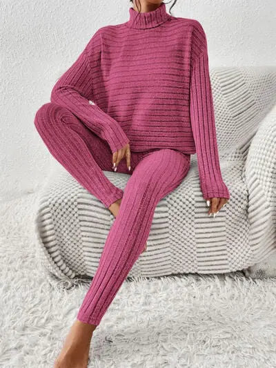 Ribbed Turtleneck Top and Pants Set - Image #14