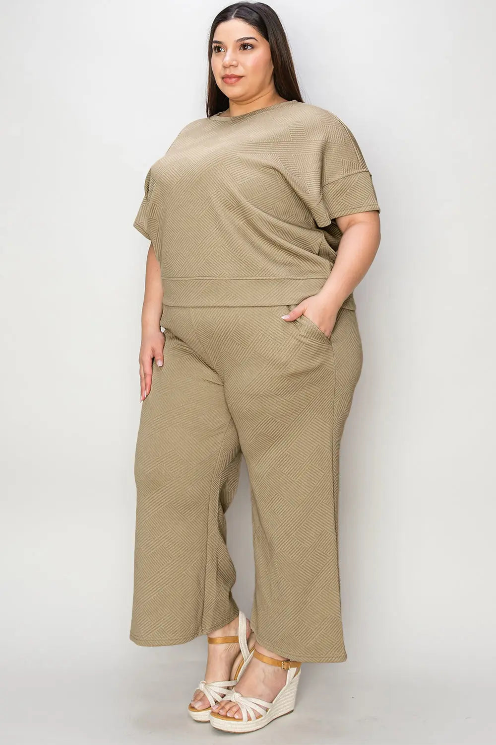 Double Take Full Size Texture Short Sleeve Top and Pants Set - Image #16