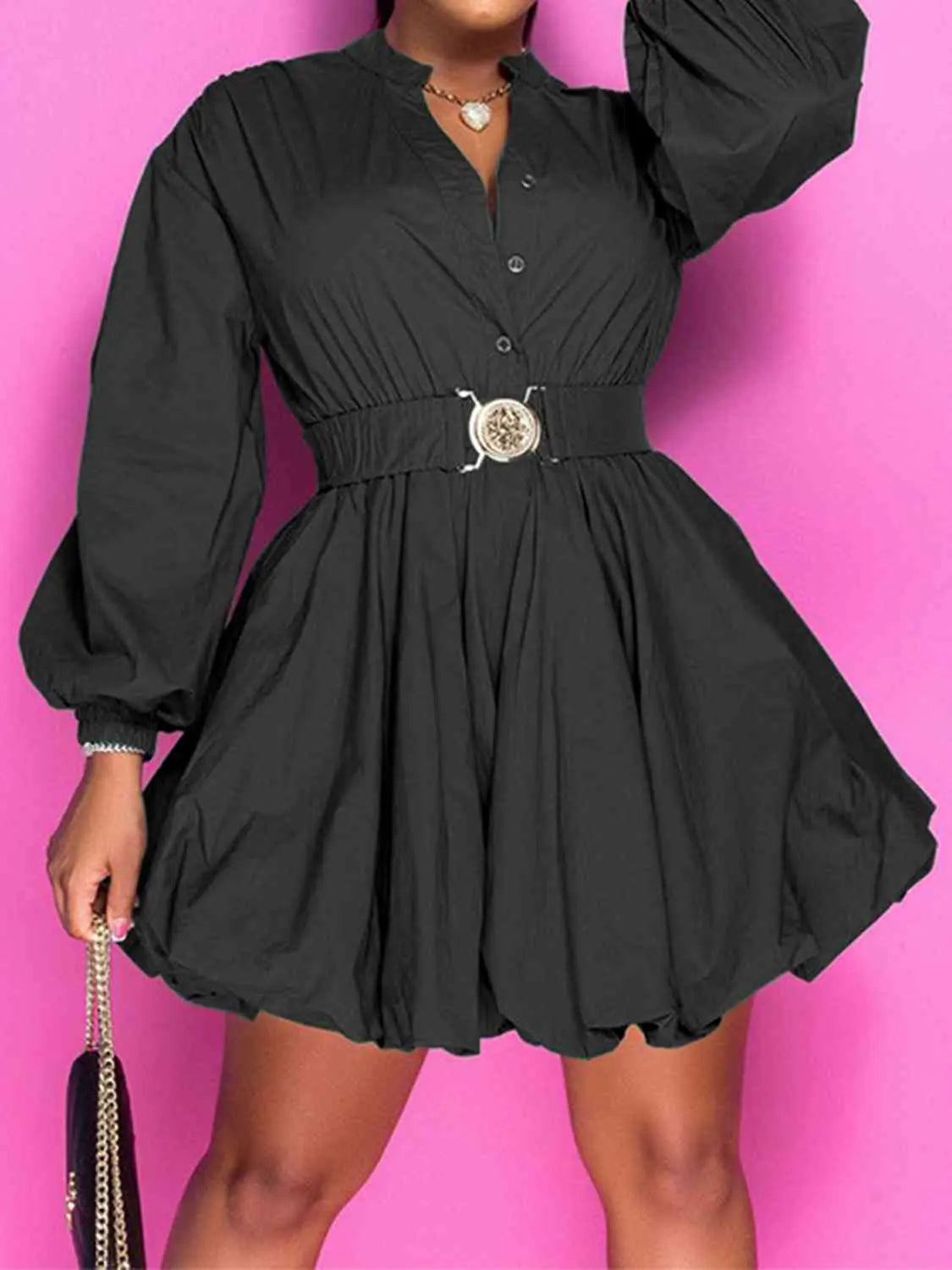 Notched Button Up Balloon Sleeves Dress - Image #12