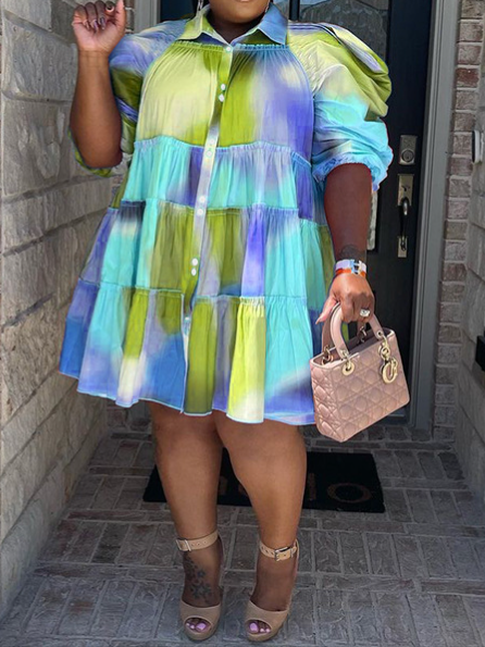 Tie-Dye Print Lapel Pleated Dress