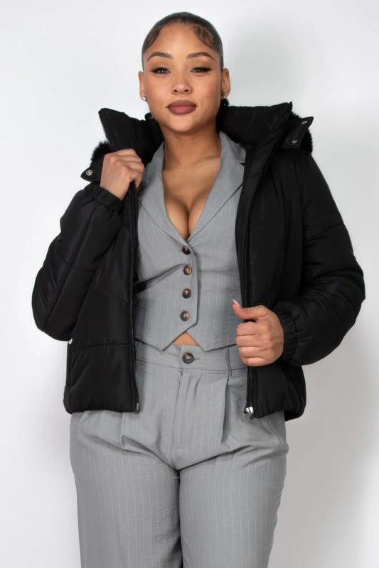 Insulated Zip-up Faux Fur Hooded Jacket - Image #1