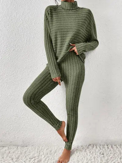 Ribbed Turtleneck Top and Pants Set - Image #8