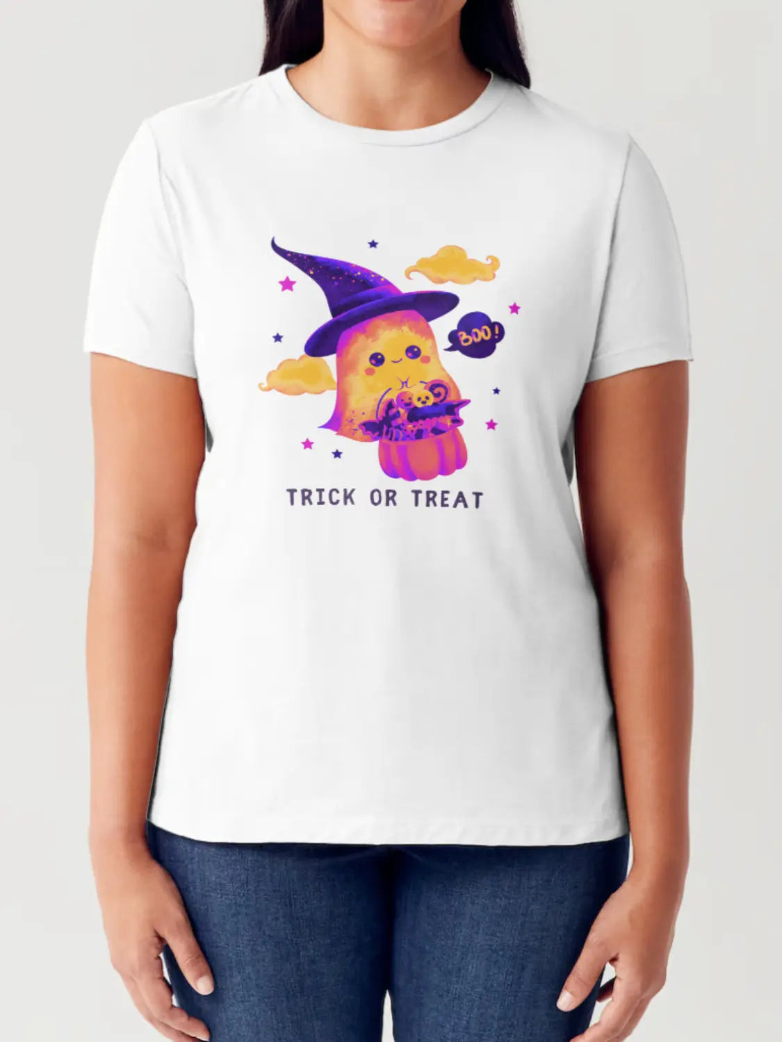 Simply Love Full Size TRICK OR TREAT Ghost Graphic Short Sleeve Tubular T-Shirt - Image #1