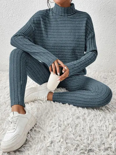 Ribbed Turtleneck Top and Pants Set - Image #3