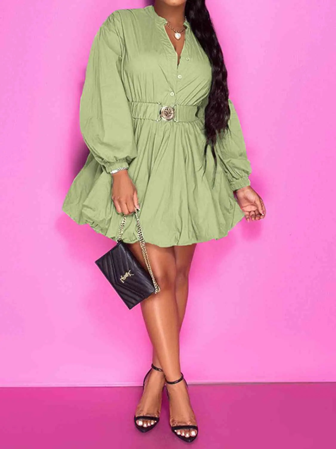 Notched Button Up Balloon Sleeves Dress - Image #16