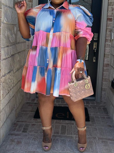 Tie-Dye Print Lapel Pleated Dress