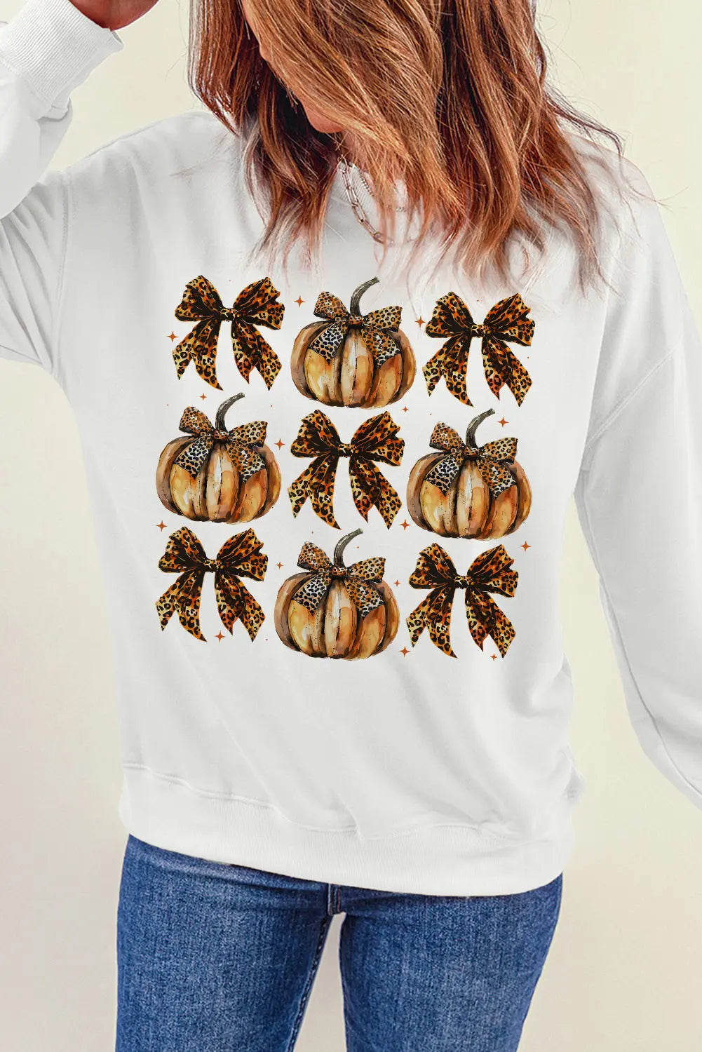 Pumpkin & Bow Graphic Long Sleeve Sweatshirt - Image #2