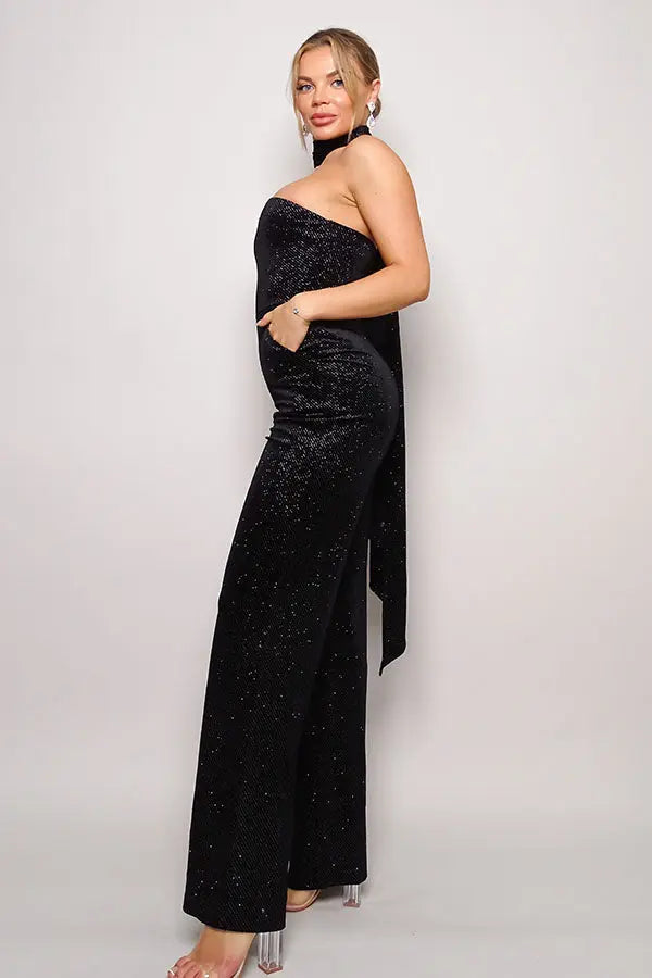 Scarf Top Glitter Velvet Jumpsuit - Image #12