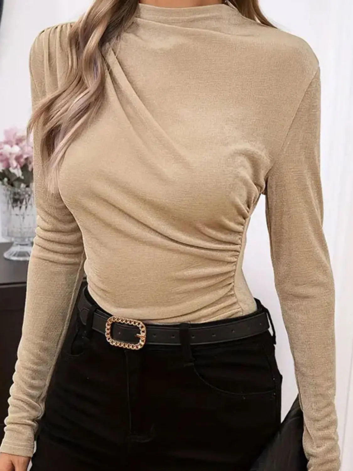 Ruched Mock Neck Long Sleeve T-Shirt - Image #6