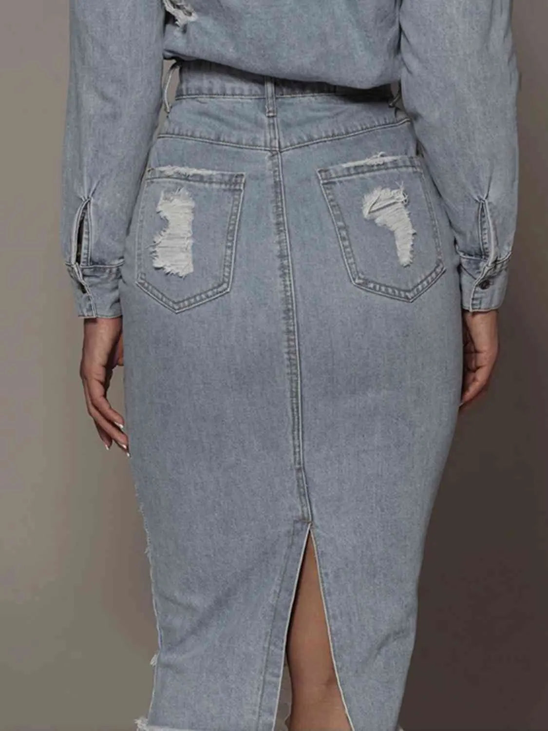 Distressed Slit Denim Skirt - Image #2