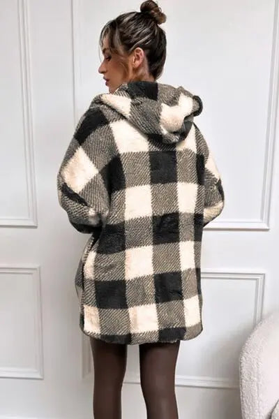 Double Take Full Size Plaid Long Sleeve Hooded Coat - Image #9