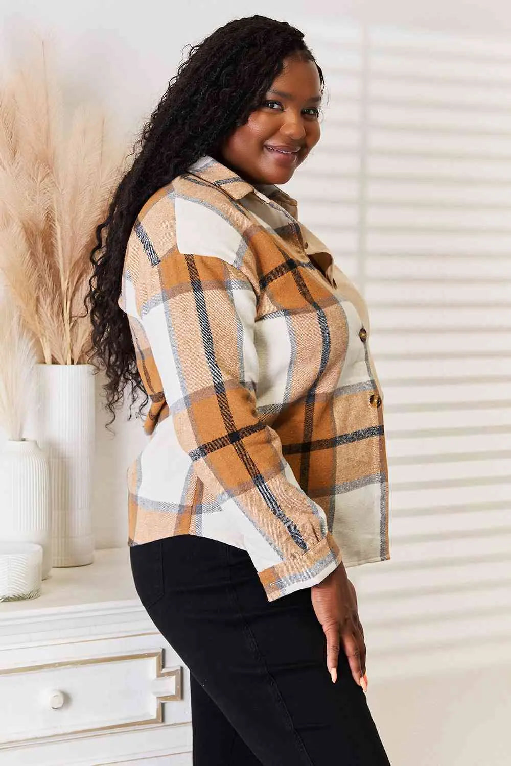 Double Take Plaid Print Dropped Shoulder Shirt - Image #3