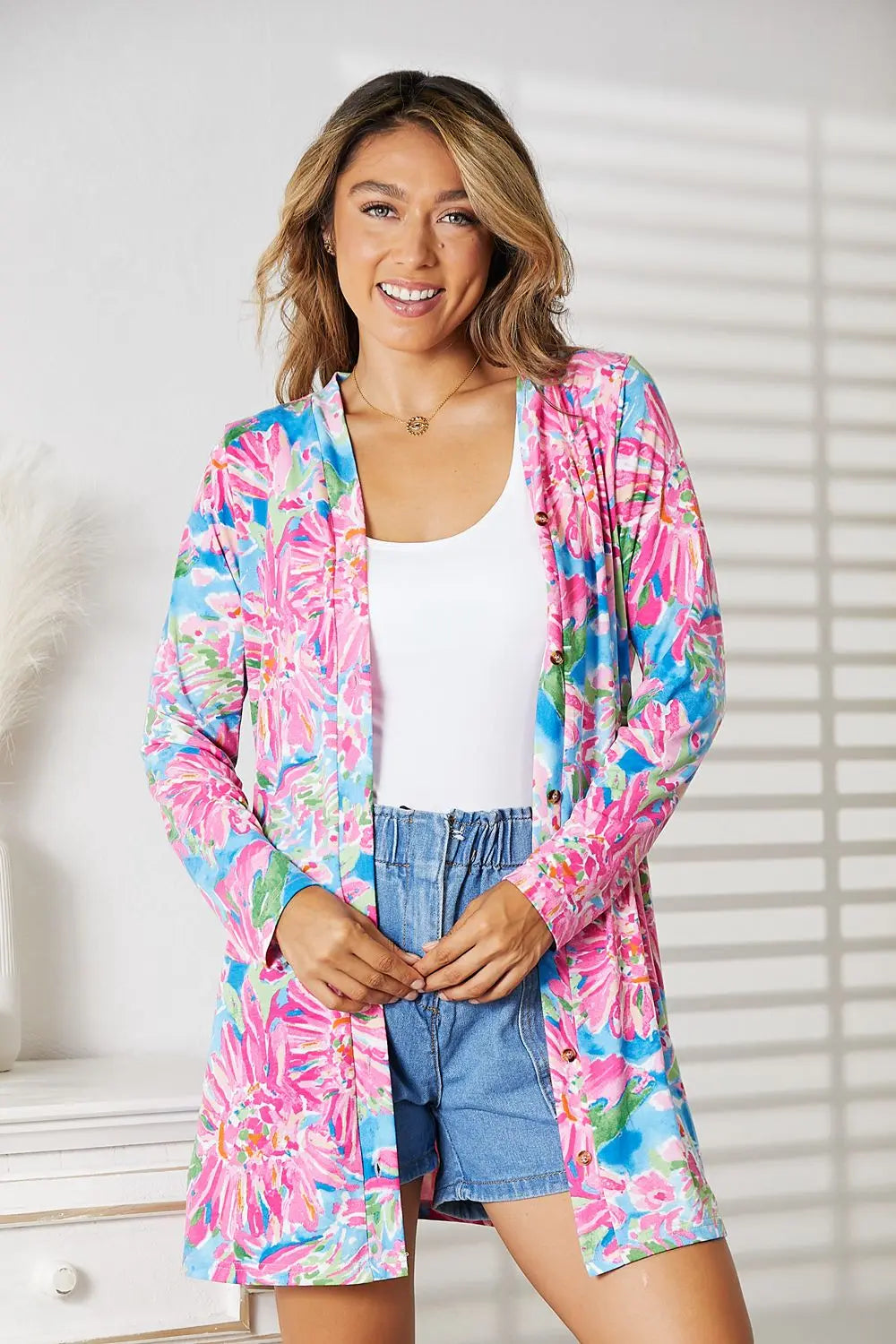 Double Take Floral Open Front Long Sleeve Cardigan - Image #10