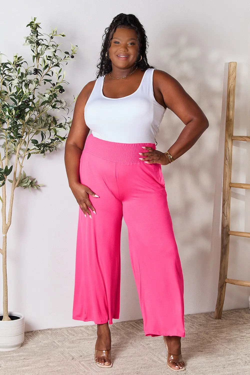 Double Take Full Size Smocked Wide Waistband Wide Leg Pants - Image #5